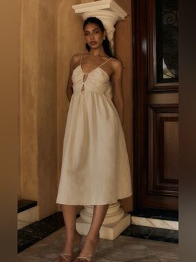 Meshki Magdalena linen midi dress Ivory Midi Cutout Spaghetti Strap Dress